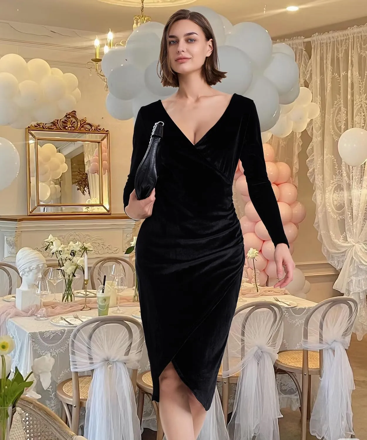 Long Sleeve V Neck Bodycon Ruched Wrap Velvet Dress Wedding Formal Guest Dress