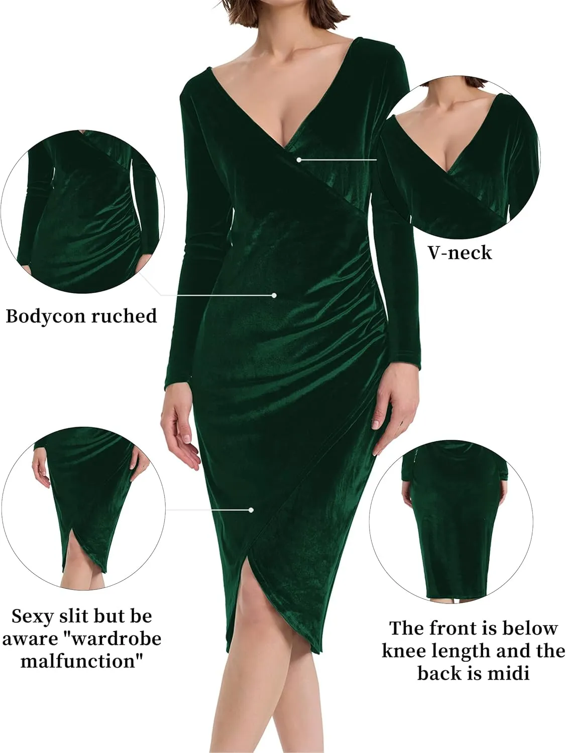 Long Sleeve V Neck Bodycon Ruched Wrap Velvet Dress Wedding Formal Guest Dress