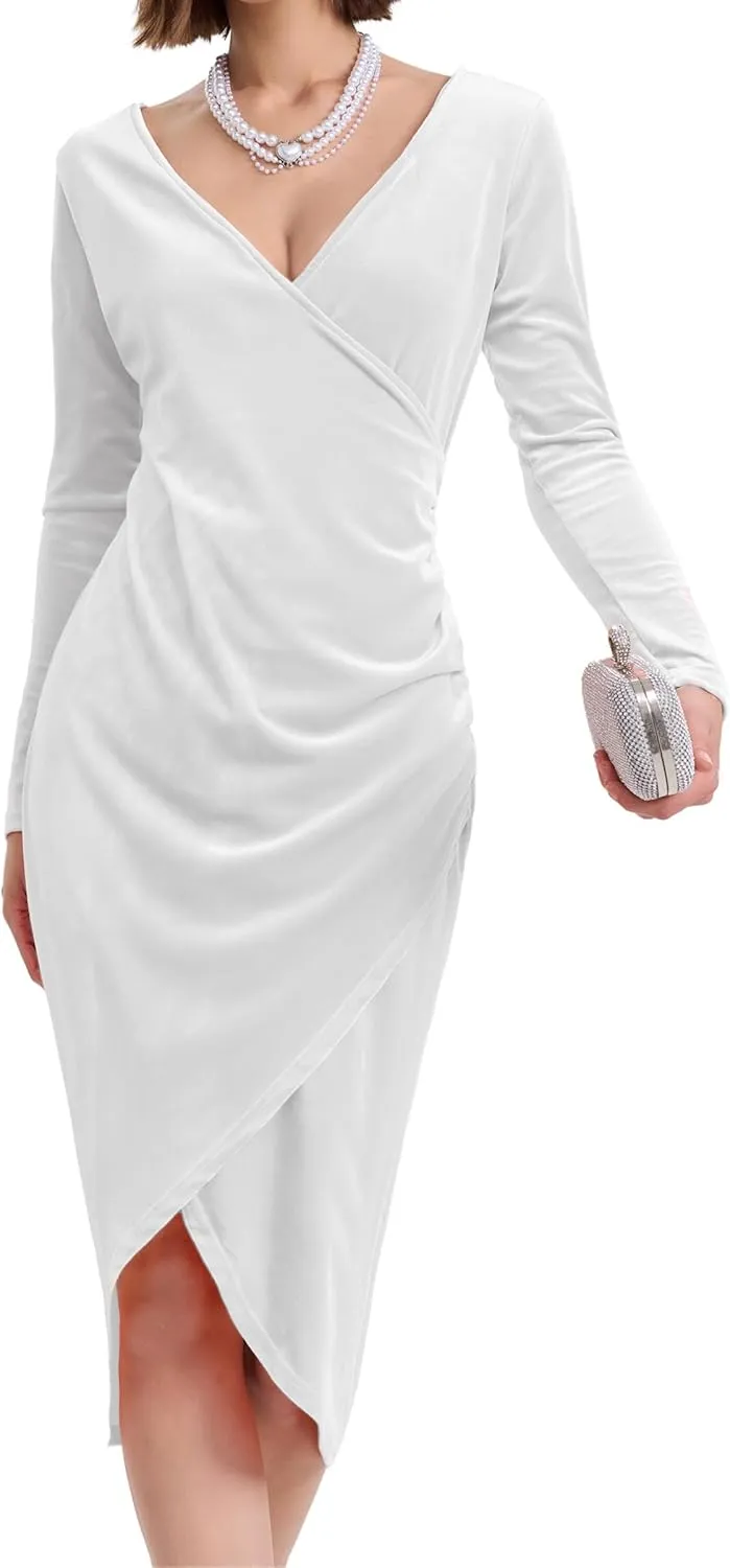Long Sleeve V Neck Bodycon Ruched Wrap Velvet Dress Wedding Formal Guest Dress