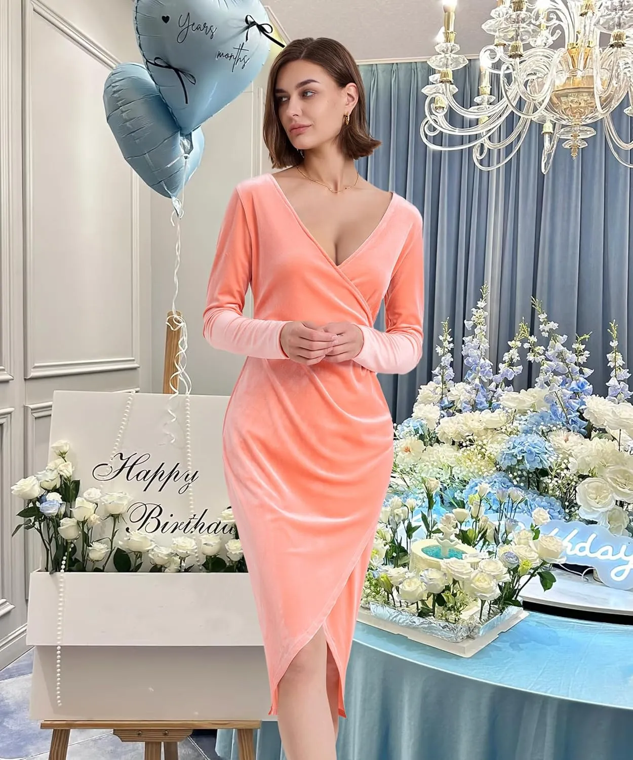 Long Sleeve V Neck Bodycon Ruched Wrap Velvet Dress Wedding Formal Guest Dress