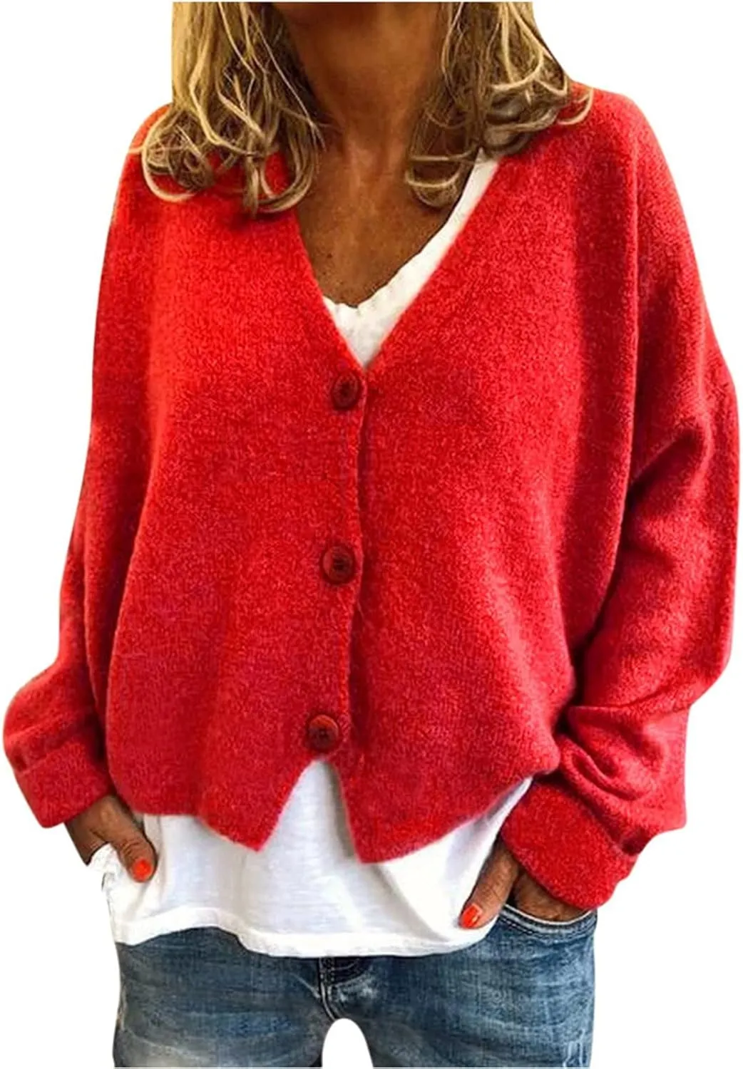Long Sweater Women Fashion Women Solid V-Neck Buttons Casual Stretchy Knitted Sweater Cardigan Cardigan Long