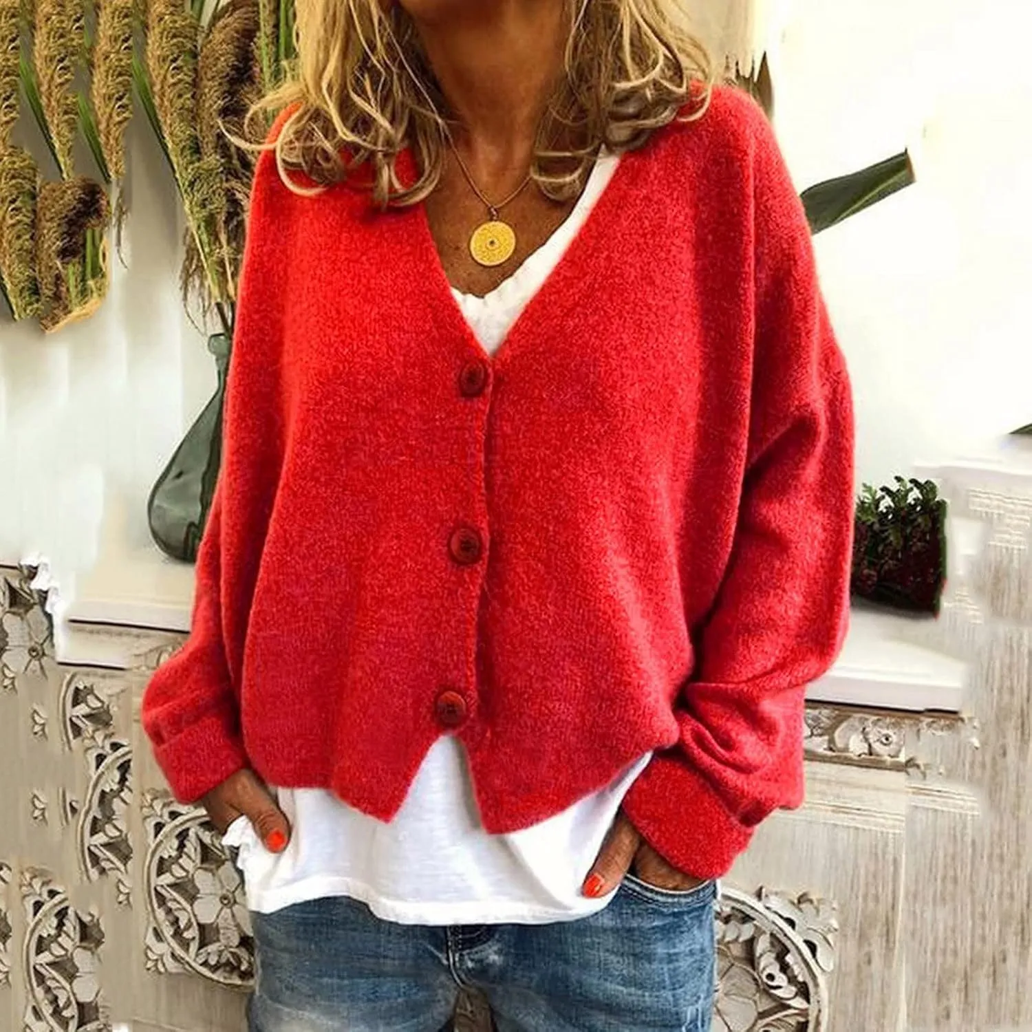Long Sweater Women Fashion Women Solid V-Neck Buttons Casual Stretchy Knitted Sweater Cardigan Cardigan Long