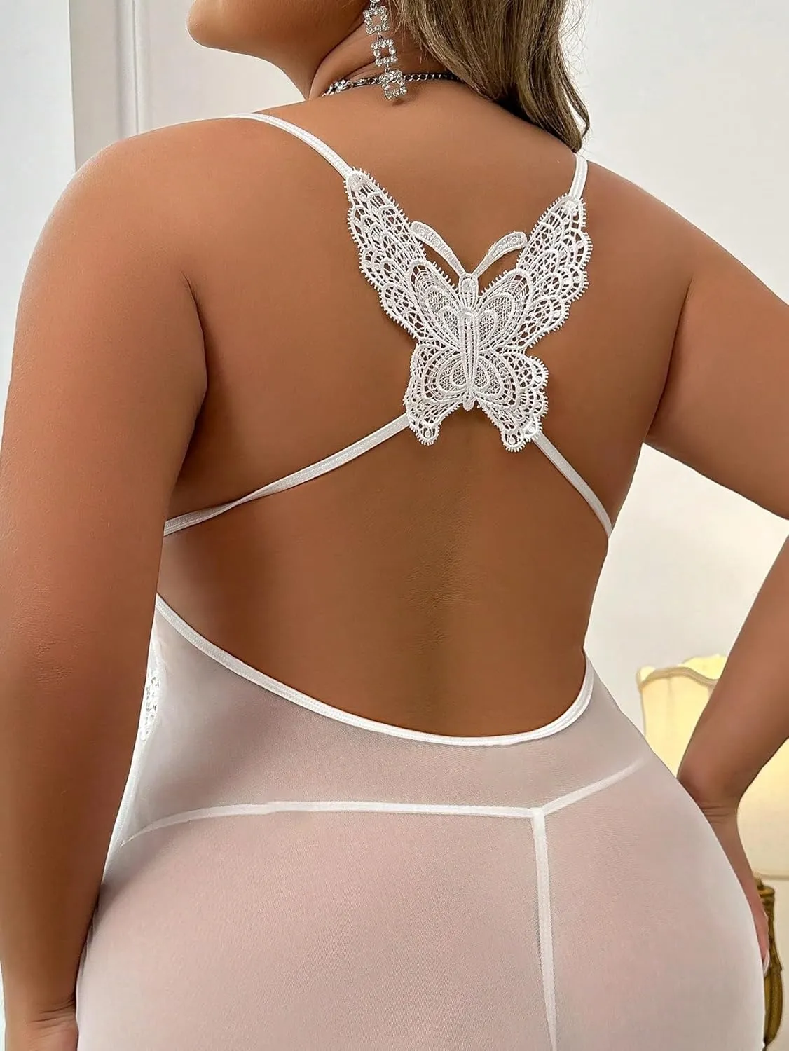 MakeMeChic Women's Plus Size Sheer Bow Front Lace and Mesh Slips with Thong Babydoll Lingerie Set