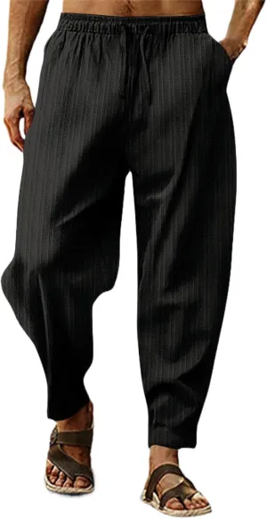 Mens Linen Cotton Yoga Casual Pants Summer Drawstring Elastic Waist Beach Trousers Loose Lounge Jogger Sweatpants