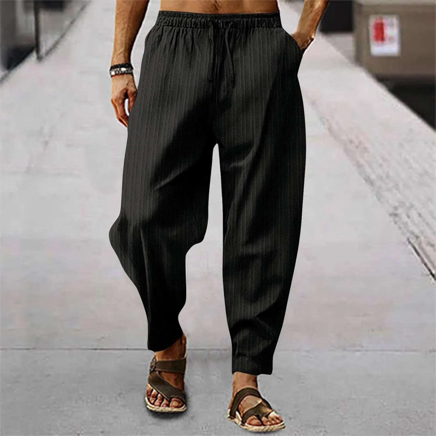 Mens Linen Cotton Yoga Casual Pants Summer Drawstring Elastic Waist Beach Trousers Loose Lounge Jogger Sweatpants