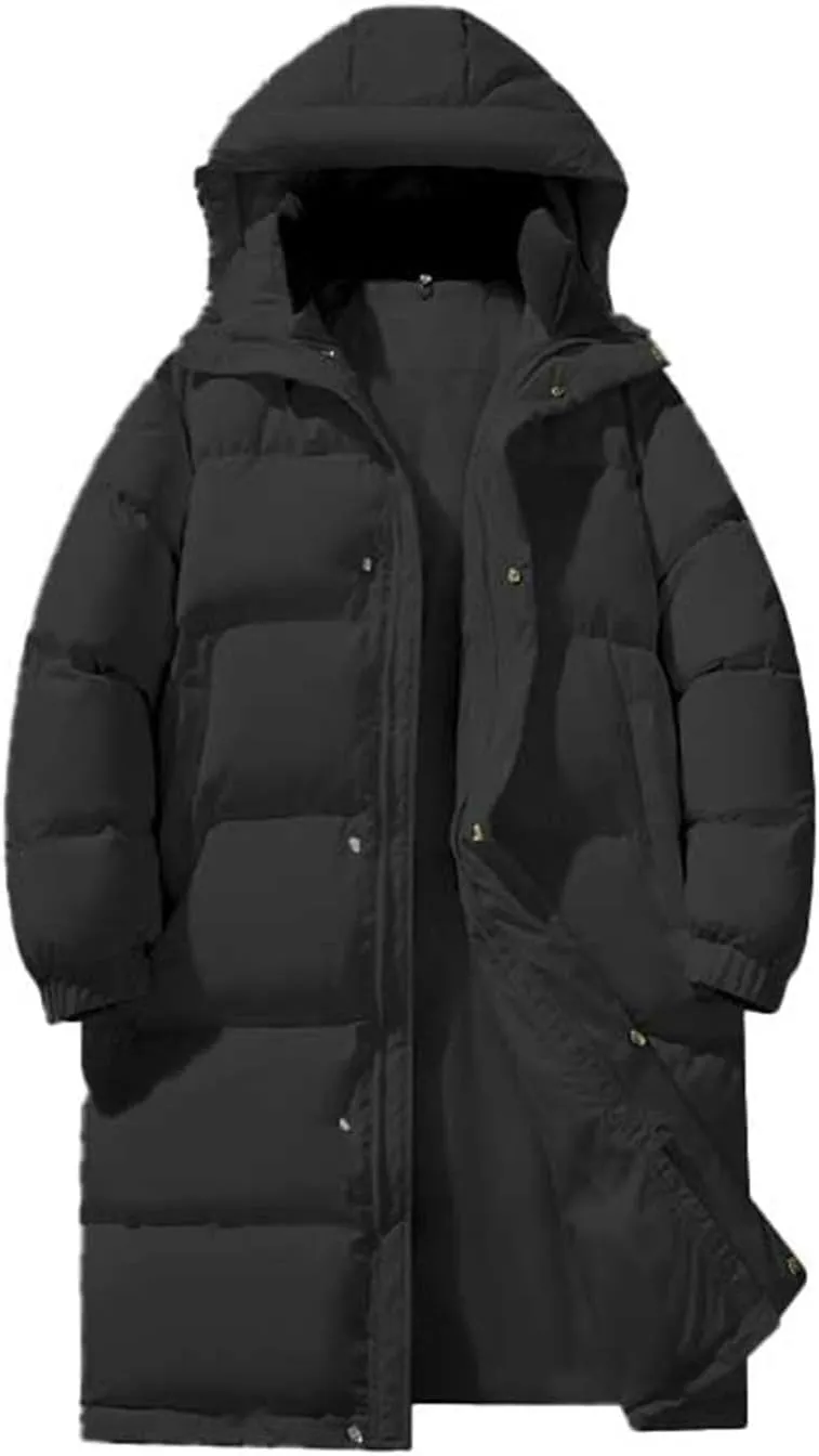 Mens Long Puffer Jacket Thicken Warm Winter Parka Full Zip Long Sleeve Windproof Ski Down Coat with Removable Hood
