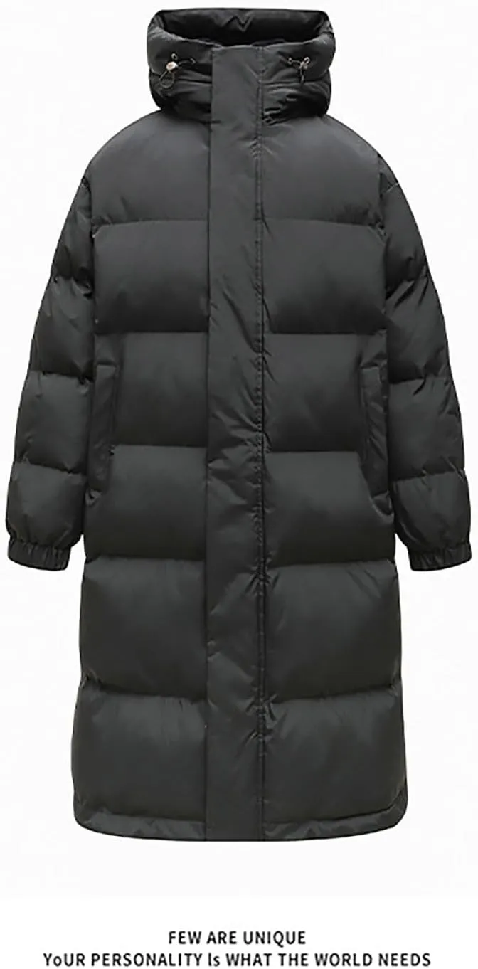 Mens Long Puffer Jacket Thicken Warm Winter Parka Full Zip Long Sleeve Windproof Ski Down Coat with Removable Hood