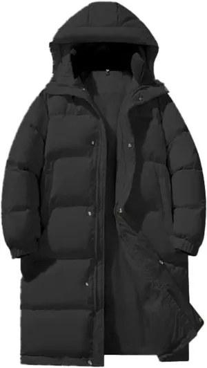 Mens Long Puffer Jacket Thicken Warm Winter Parka Full Zip Long Sleeve Windproof Ski Down Coat with Removable Hood