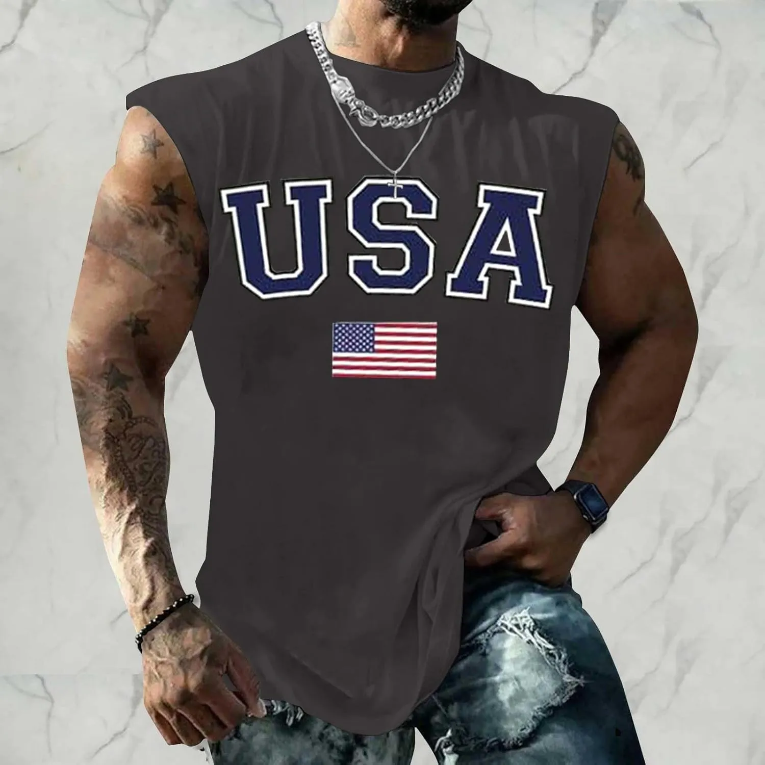 Men's Muscle Tank Tops Independence Day USA Patriotic 4th of July Muscle T-Shirts Lightweight Loose Sleeveless Shirts