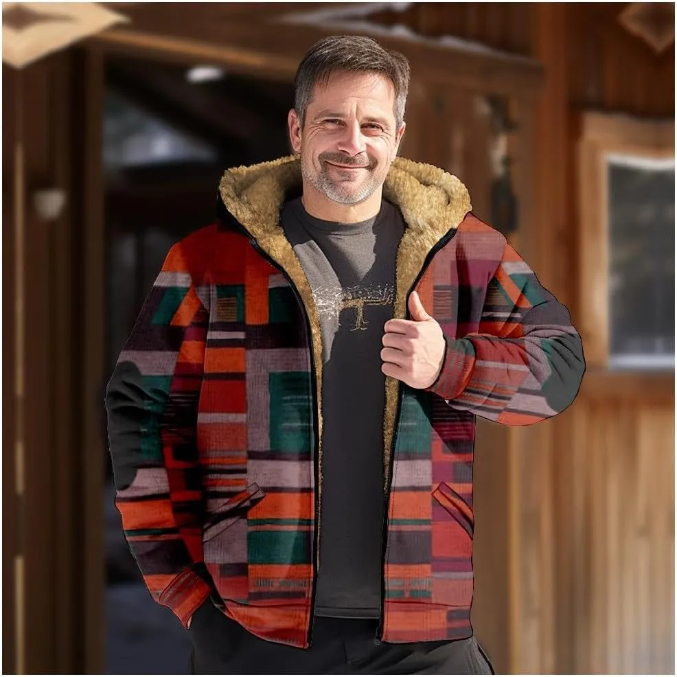 Mens Vintage Fleece Jacket Sherpa Lined Winter Coats Fall Winter Over Outerwear Windproof Casual Hoodies Plus Size