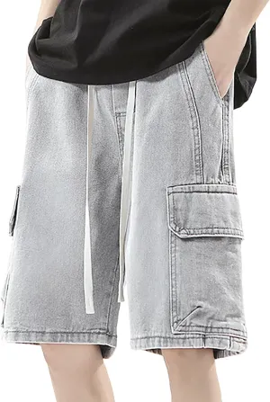 Men's Wide Leg Y2K Hip Hop Mid Jean Shorts Baggy Denim Shorts with Pockets Aesthetic Pants Streetwear Clothes