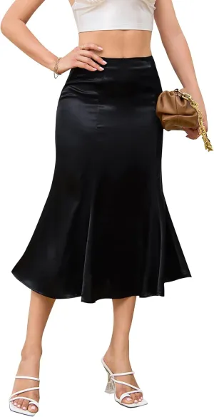 Mist Azur Womens Satin Midi Skirt High Waisted A Line Silky Flared Bodycon Skirt MA213