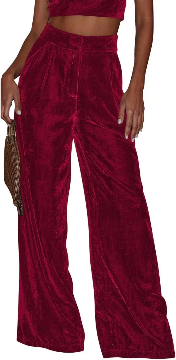 ODIZLI Velvet Pants for Women Fall Winter High Waist Wide Straight Leg Trousers Casual Baggy Pants