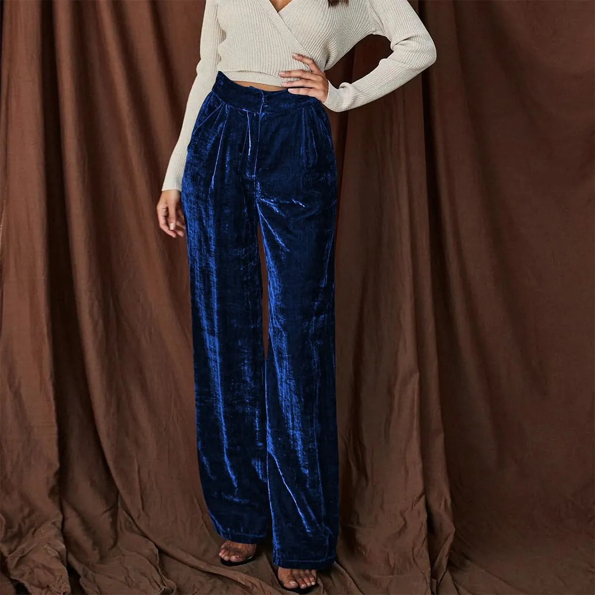 ODIZLI Velvet Pants for Women Fall Winter High Waist Wide Straight Leg Trousers Casual Baggy Pants