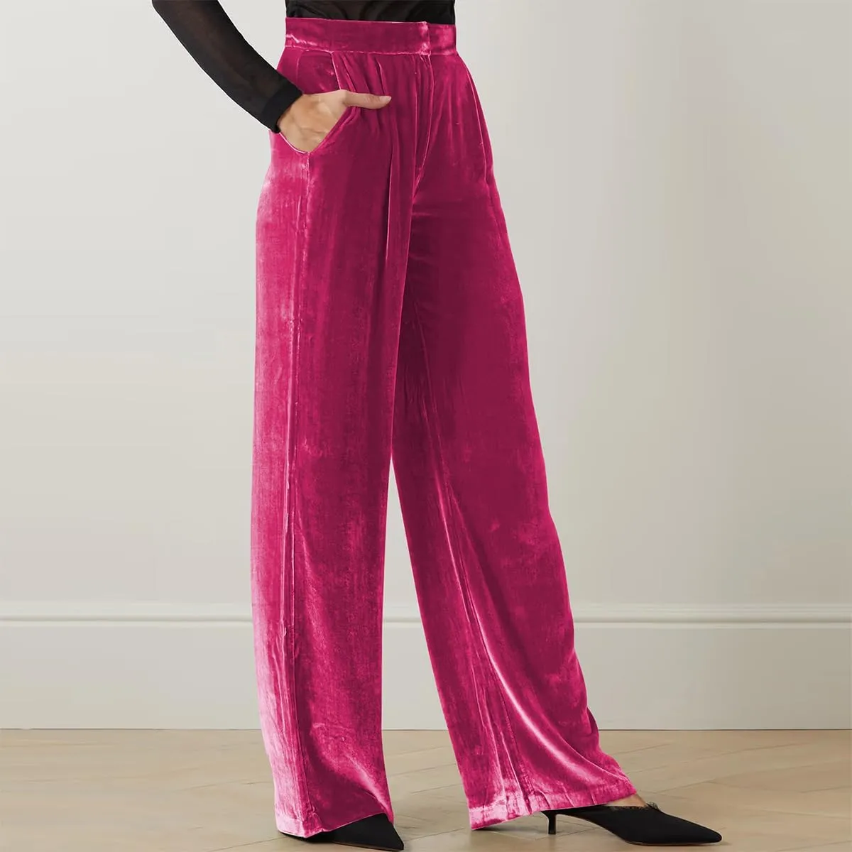 ODIZLI Velvet Pants for Women Fall Winter High Waist Wide Straight Leg Trousers Casual Baggy Pants