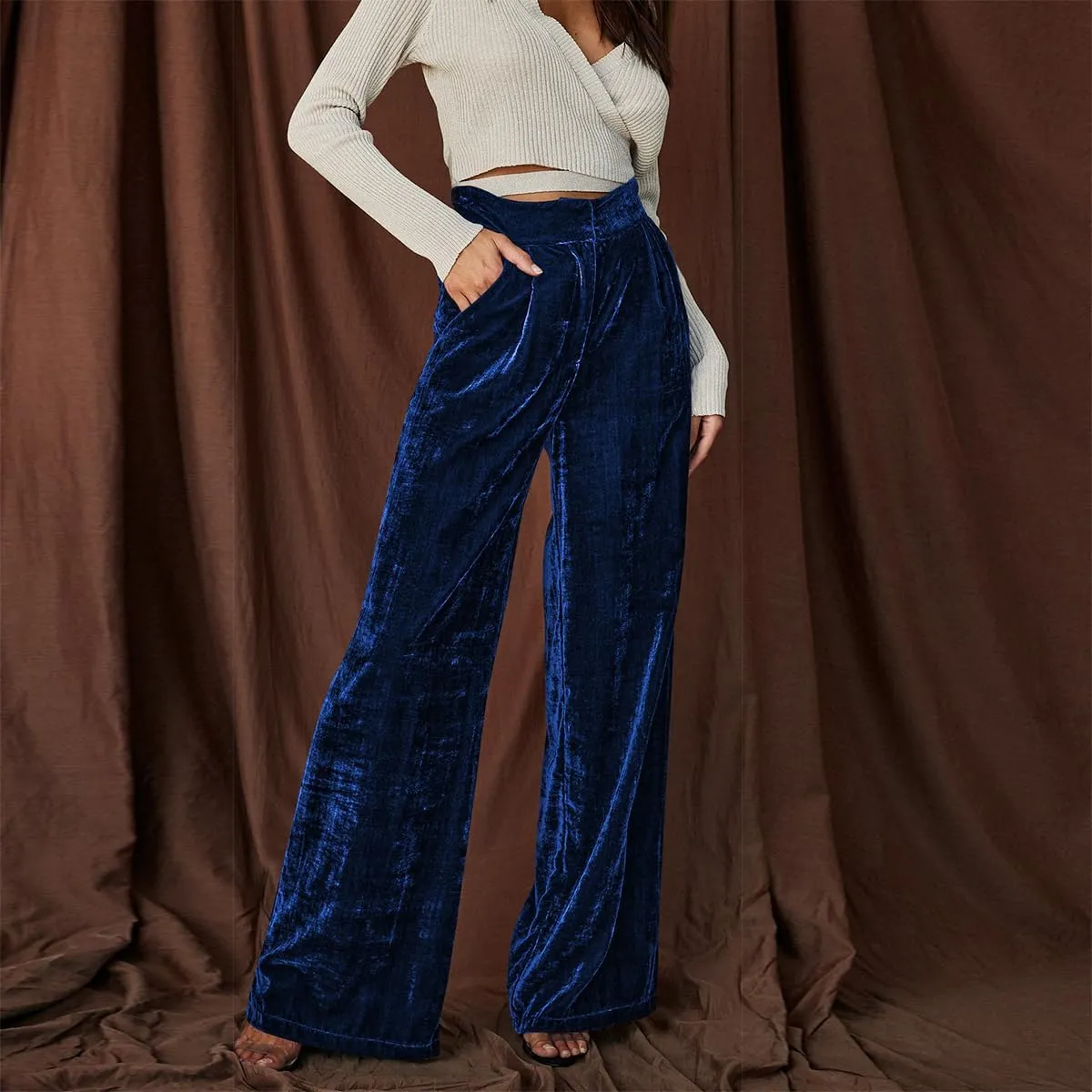 ODIZLI Velvet Pants for Women Fall Winter High Waist Wide Straight Leg Trousers Casual Baggy Pants