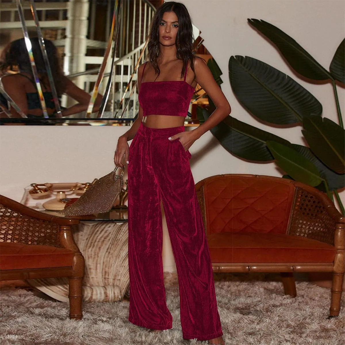 ODIZLI Velvet Pants for Women Fall Winter High Waist Wide Straight Leg Trousers Casual Baggy Pants