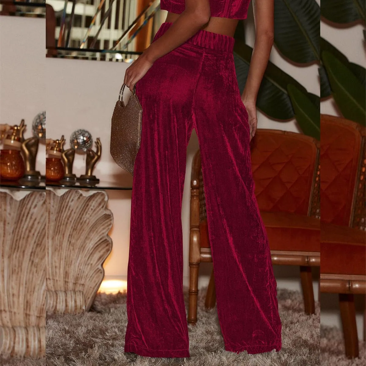 ODIZLI Velvet Pants for Women Fall Winter High Waist Wide Straight Leg Trousers Casual Baggy Pants