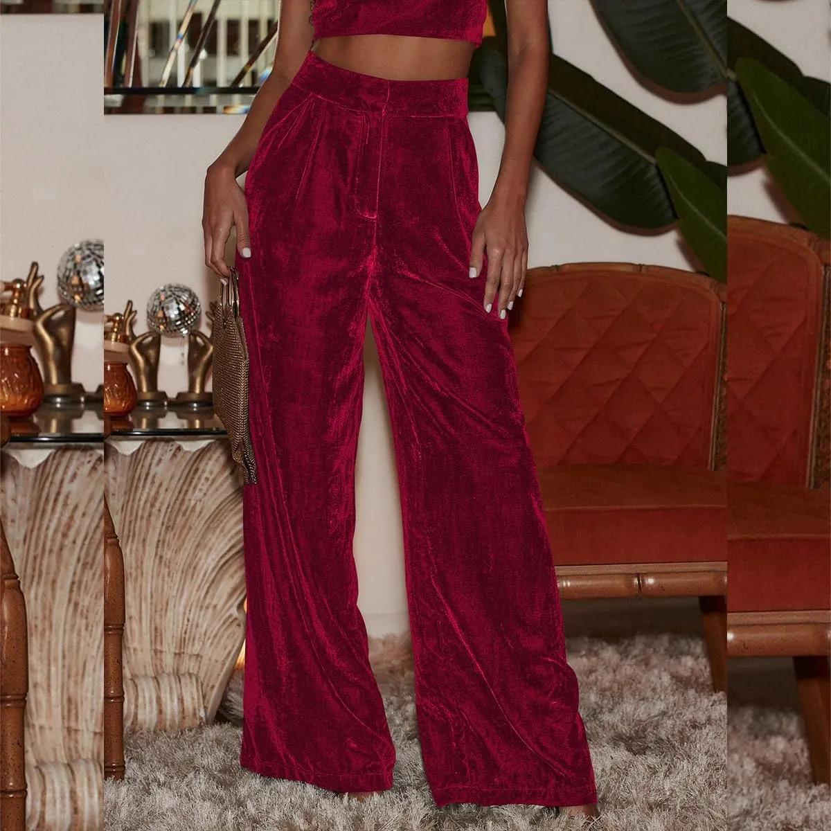 ODIZLI Velvet Pants for Women Fall Winter High Waist Wide Straight Leg Trousers Casual Baggy Pants
