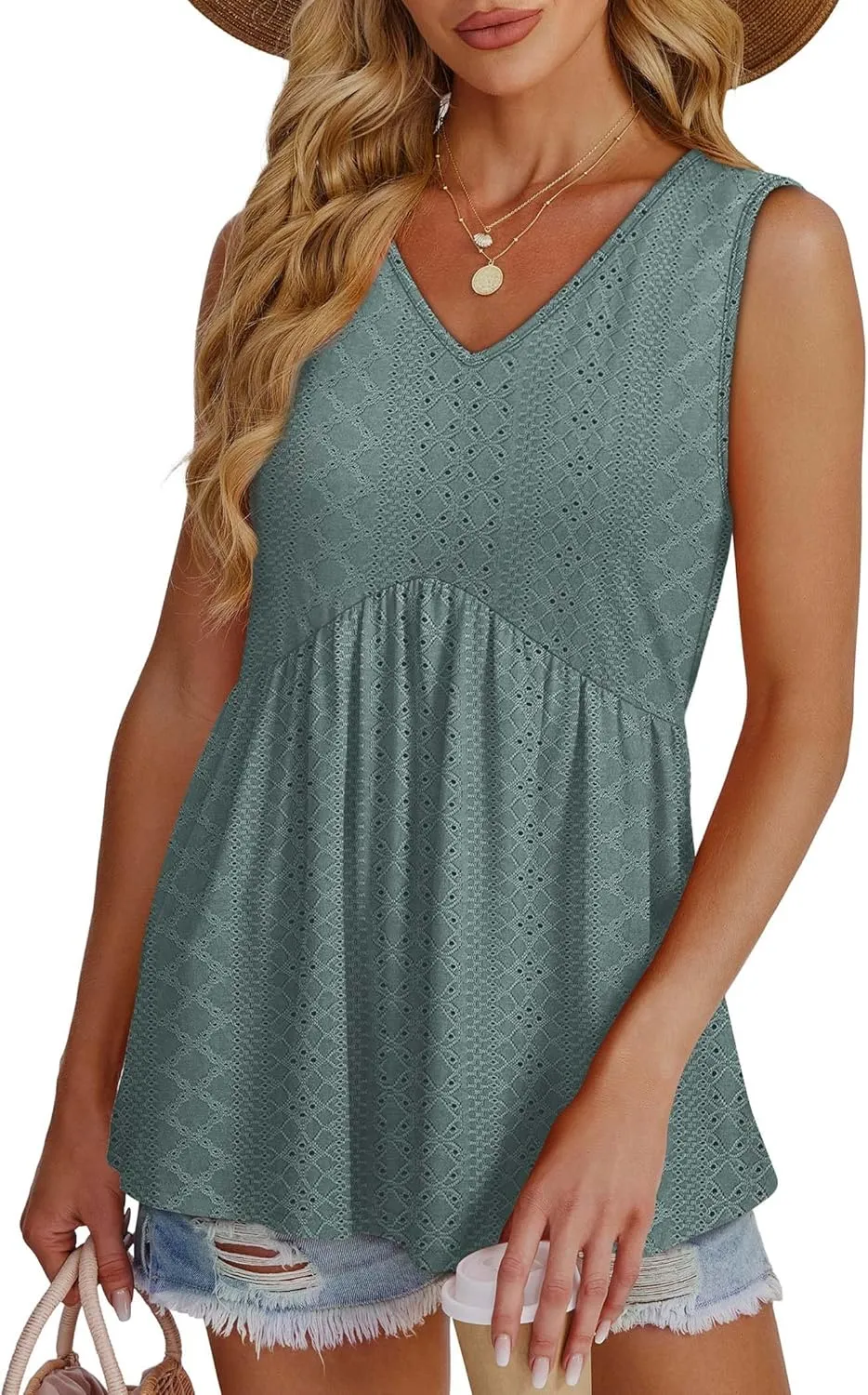 OFEEFAN Womens Tank Tops 2025 Flowy Peplum Tops for Women Dressy Sleeveless V Neck Babydoll Tank Tops