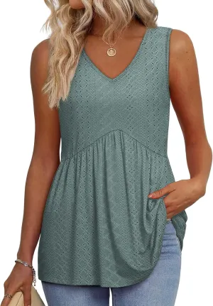 OFEEFAN Womens Tank Tops 2025 Flowy Peplum Tops for Women Dressy Sleeveless V Neck Babydoll Tank Tops