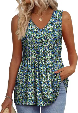 OFEEFAN Womens Tank Tops 2025 Flowy Peplum Tops for Women Dressy Sleeveless V Neck Babydoll Tank Tops