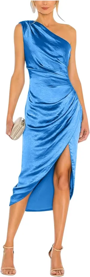 One Shoulder Satin Prom Dresses for Women Bodycon Ruched Evening Gown Midi Cocktail Dress with Slit FE1007