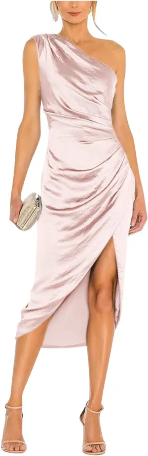 One Shoulder Satin Prom Dresses for Women Bodycon Ruched Evening Gown Midi Cocktail Dress with Slit FE1007