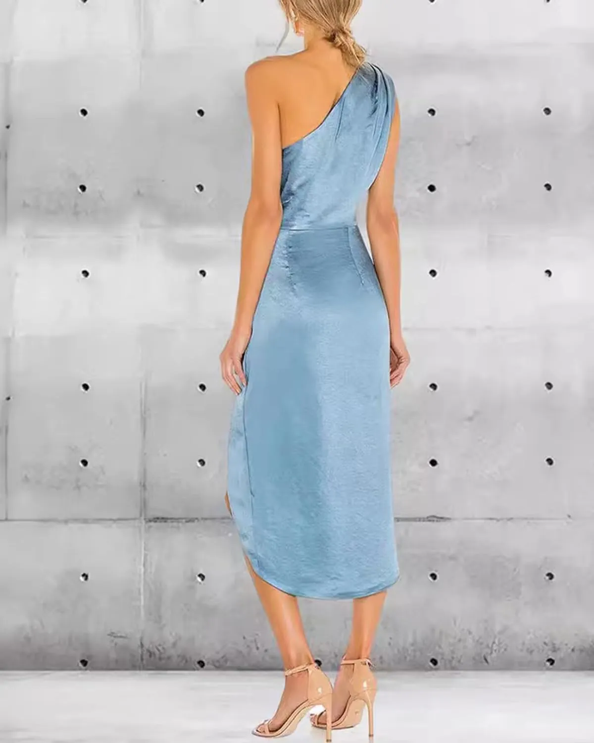 One Shoulder Satin Prom Dresses for Women Bodycon Ruched Evening Gown Midi Cocktail Dress with Slit FE1007