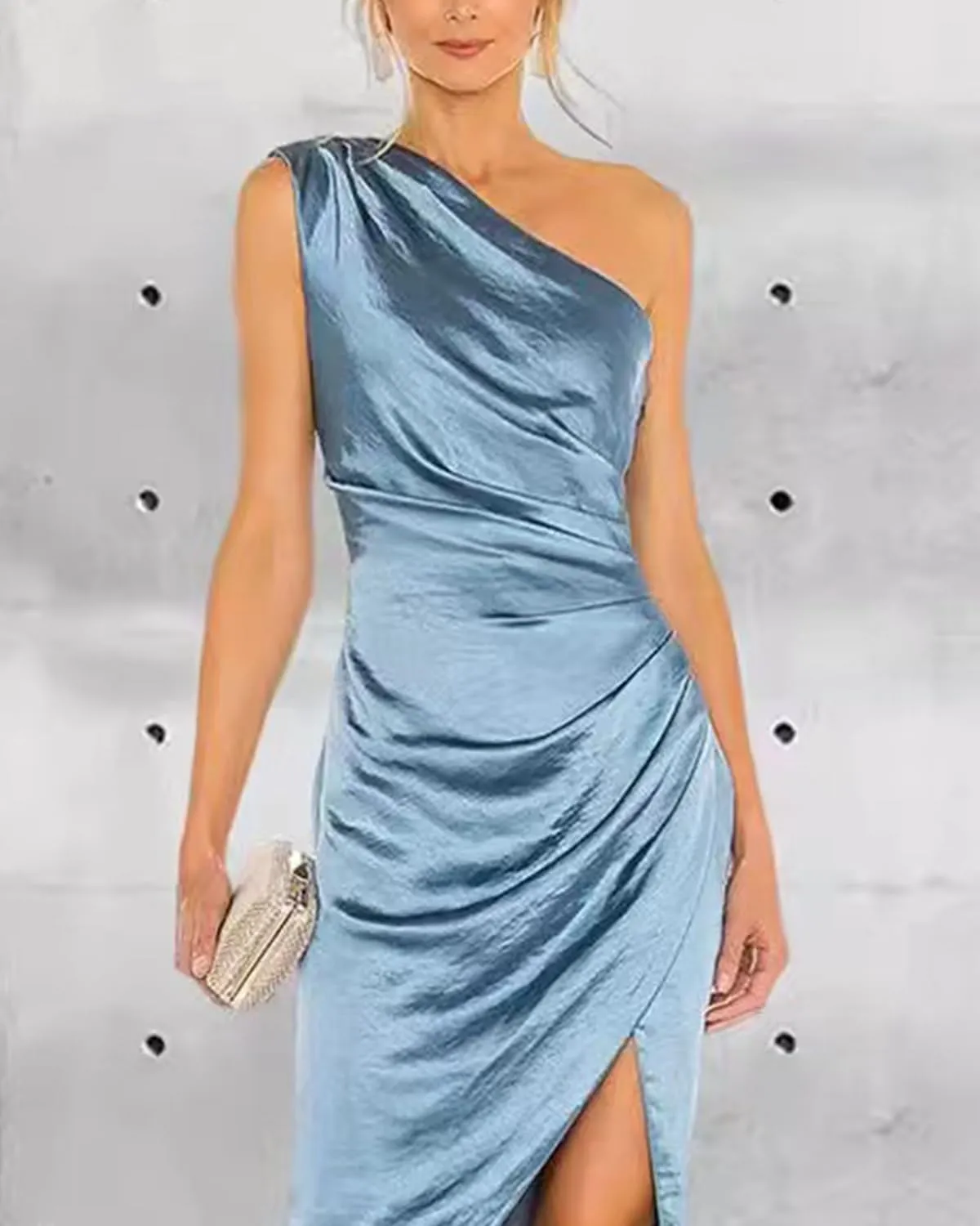 One Shoulder Satin Prom Dresses for Women Bodycon Ruched Evening Gown Midi Cocktail Dress with Slit FE1007