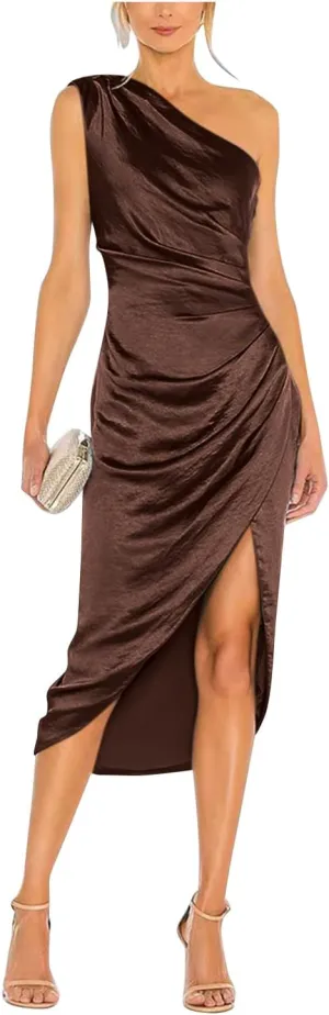One Shoulder Satin Prom Dresses for Women Bodycon Ruched Evening Gown Midi Cocktail Dress with Slit FE1007