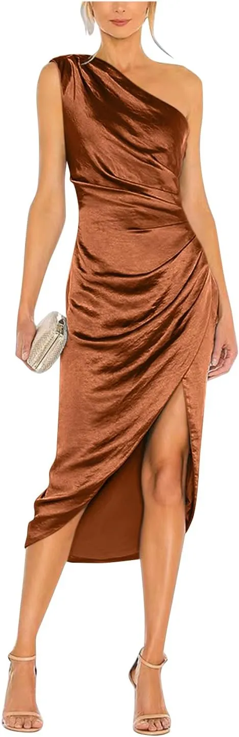 One Shoulder Satin Prom Dresses for Women Bodycon Ruched Evening Gown Midi Cocktail Dress with Slit FE1007