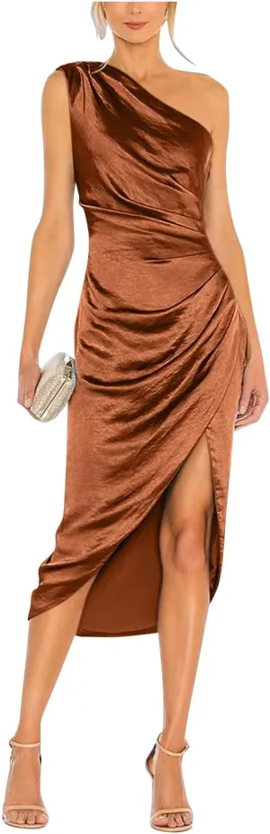 One Shoulder Satin Prom Dresses for Women Bodycon Ruched Evening Gown Midi Cocktail Dress with Slit FE1007