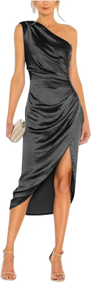 One Shoulder Satin Prom Dresses for Women Bodycon Ruched Evening Gown Midi Cocktail Dress with Slit FE1007
