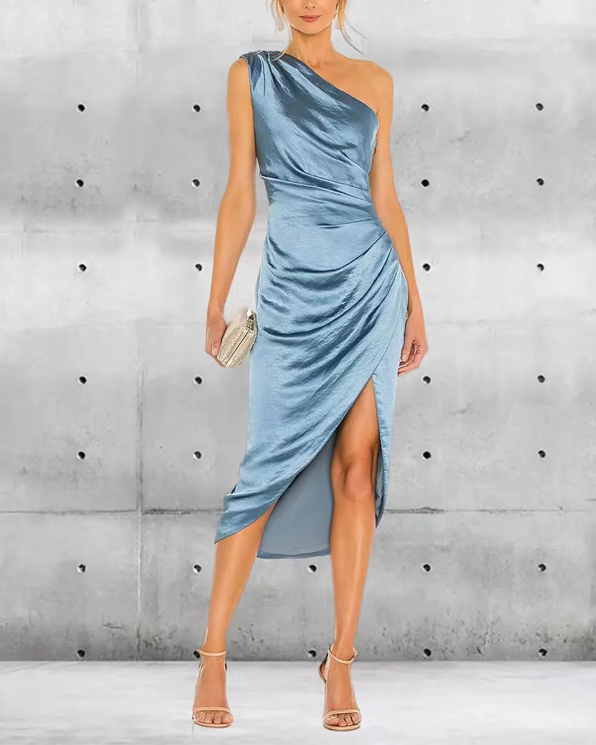 One Shoulder Satin Prom Dresses for Women Bodycon Ruched Evening Gown Midi Cocktail Dress with Slit FE1007