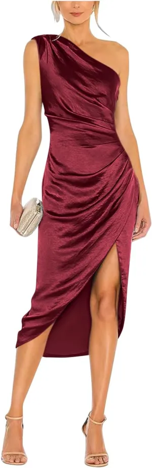One Shoulder Satin Prom Dresses for Women Bodycon Ruched Evening Gown Midi Cocktail Dress with Slit FE1007