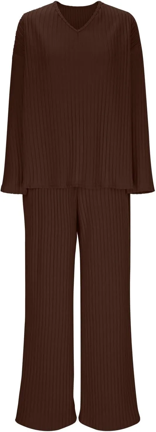 Oplxuo 2 Piece Lounge Sets Ribbed Knit Pajamas for Women Matching Sweater Pants Outfits V-Neck Long Sleeve Sleepwear