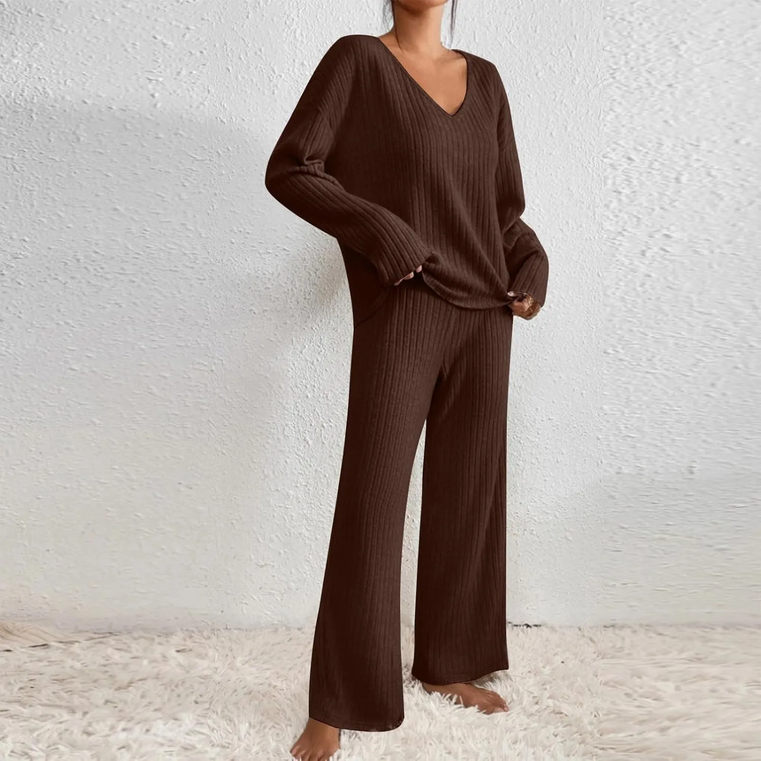 Oplxuo 2 Piece Lounge Sets Ribbed Knit Pajamas for Women Matching Sweater Pants Outfits V-Neck Long Sleeve Sleepwear