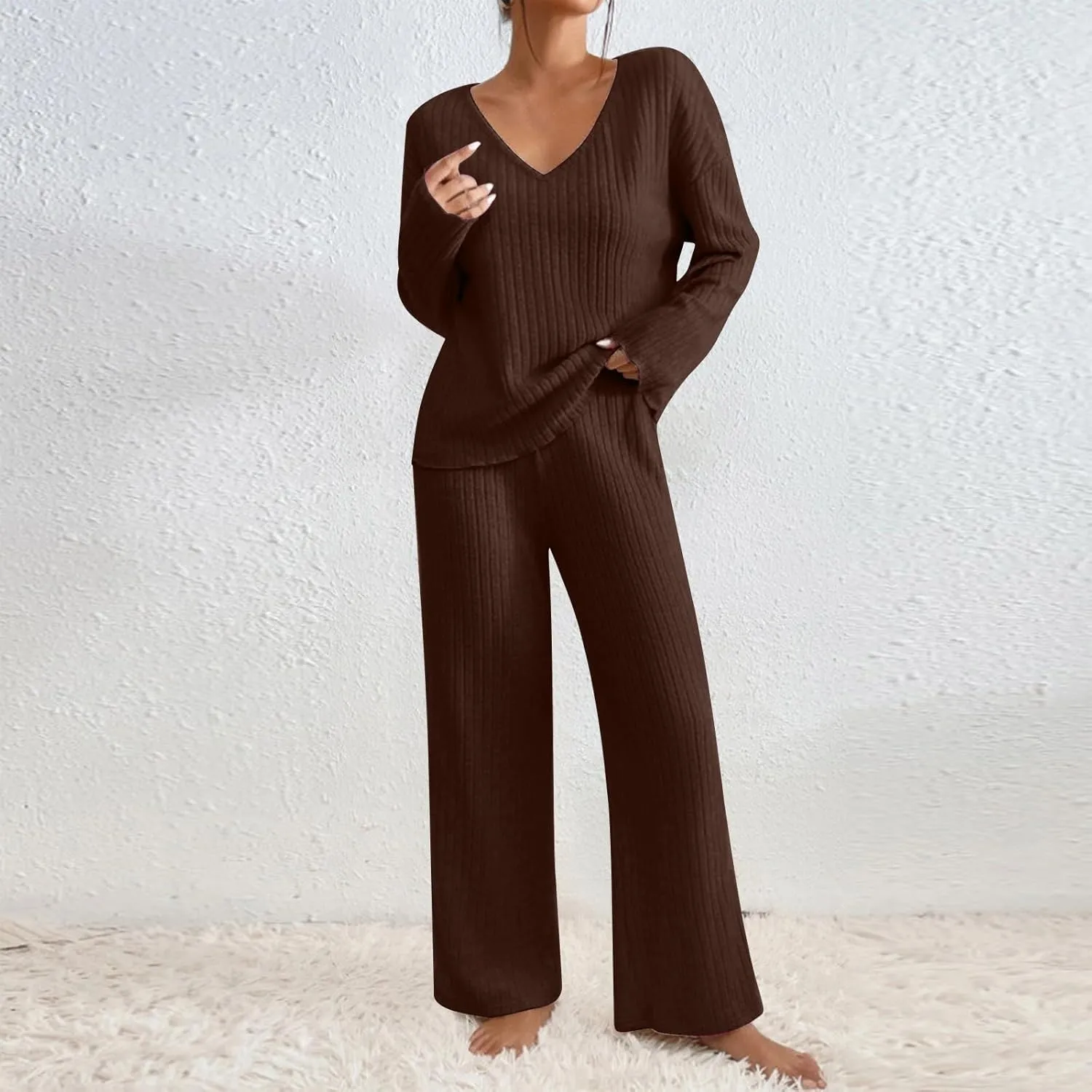 Oplxuo 2 Piece Lounge Sets Ribbed Knit Pajamas for Women Matching Sweater Pants Outfits V-Neck Long Sleeve Sleepwear