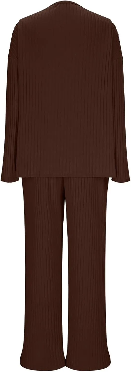 Oplxuo 2 Piece Lounge Sets Ribbed Knit Pajamas for Women Matching Sweater Pants Outfits V-Neck Long Sleeve Sleepwear