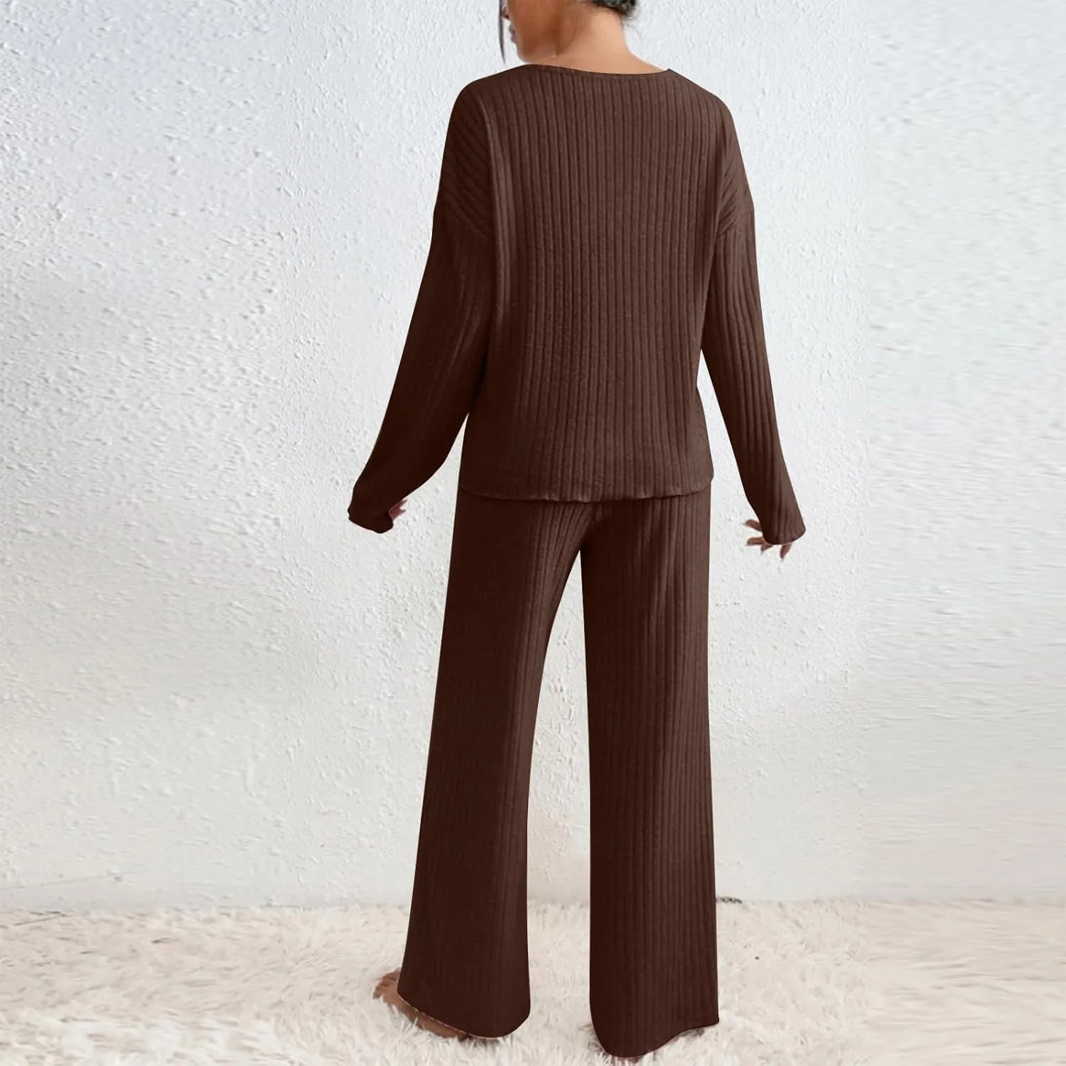 Oplxuo 2 Piece Lounge Sets Ribbed Knit Pajamas for Women Matching Sweater Pants Outfits V-Neck Long Sleeve Sleepwear