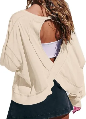 Oversized Open Back Sweatshirts for Womens Gym Backless Long Sleeve Crop Tops Workout Yoga Athletic Shirts Pullover