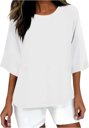 Plus Size Drop Shoulder Tunic Tops Women Cotton Linen Basic Crewneck T Shirts Summer Casual Loose Fit Beach Vacation Blouses