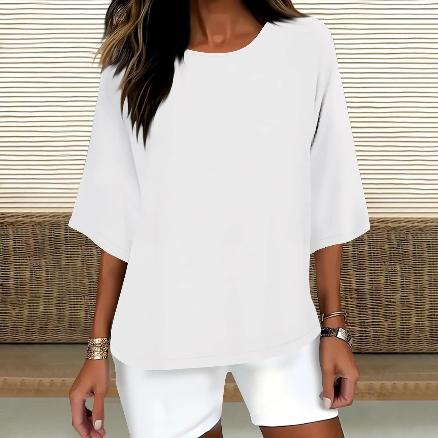 Plus Size Drop Shoulder Tunic Tops Women Cotton Linen Basic Crewneck T Shirts Summer Casual Loose Fit Beach Vacation Blouses