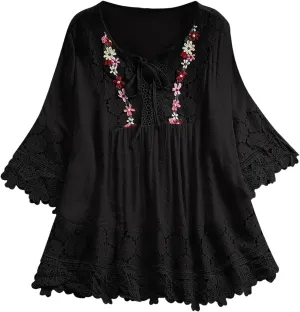 Plus Size Linen Blouse Women Vintage Lace Patchwork Bow V-Neck Embroidery Summer 3/4 Sleeve Retro Tops T-Shirt