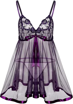 Plus Size Lingerie Set for Women Sexy Babydoll Lace Chemise No Stockings Naughty Skirt Mesh Sleepwear Nighties