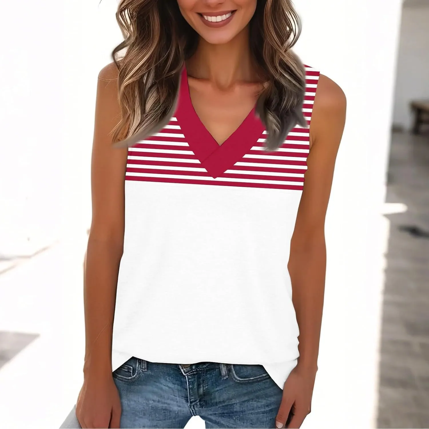 Plus Size Tank Tops for Women 2025 Summer Casual V Neck Camisole Sleeveless Striped Workout Tanks