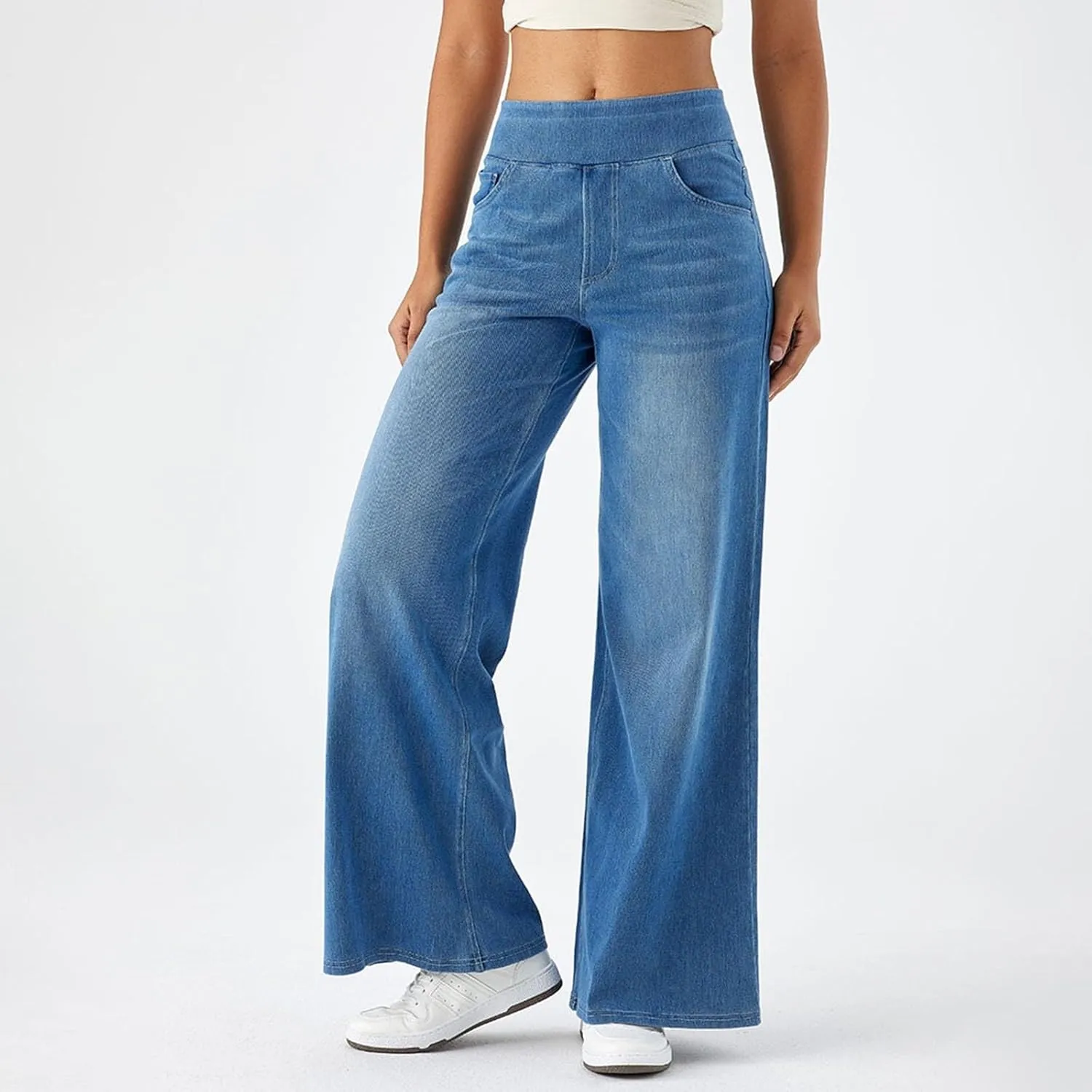Pull On Wide Leg Jeans for Women High Waisted Stretchy Baggy Trendy Straight Leg Jeans Denim Pants Cropped Pants