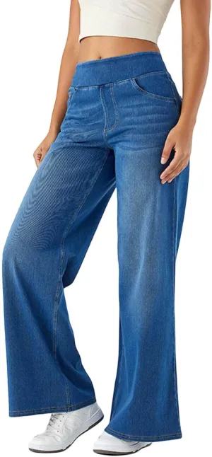 Pull On Wide Leg Jeans for Women High Waisted Stretchy Baggy Trendy Straight Leg Jeans Denim Pants Cropped Pants