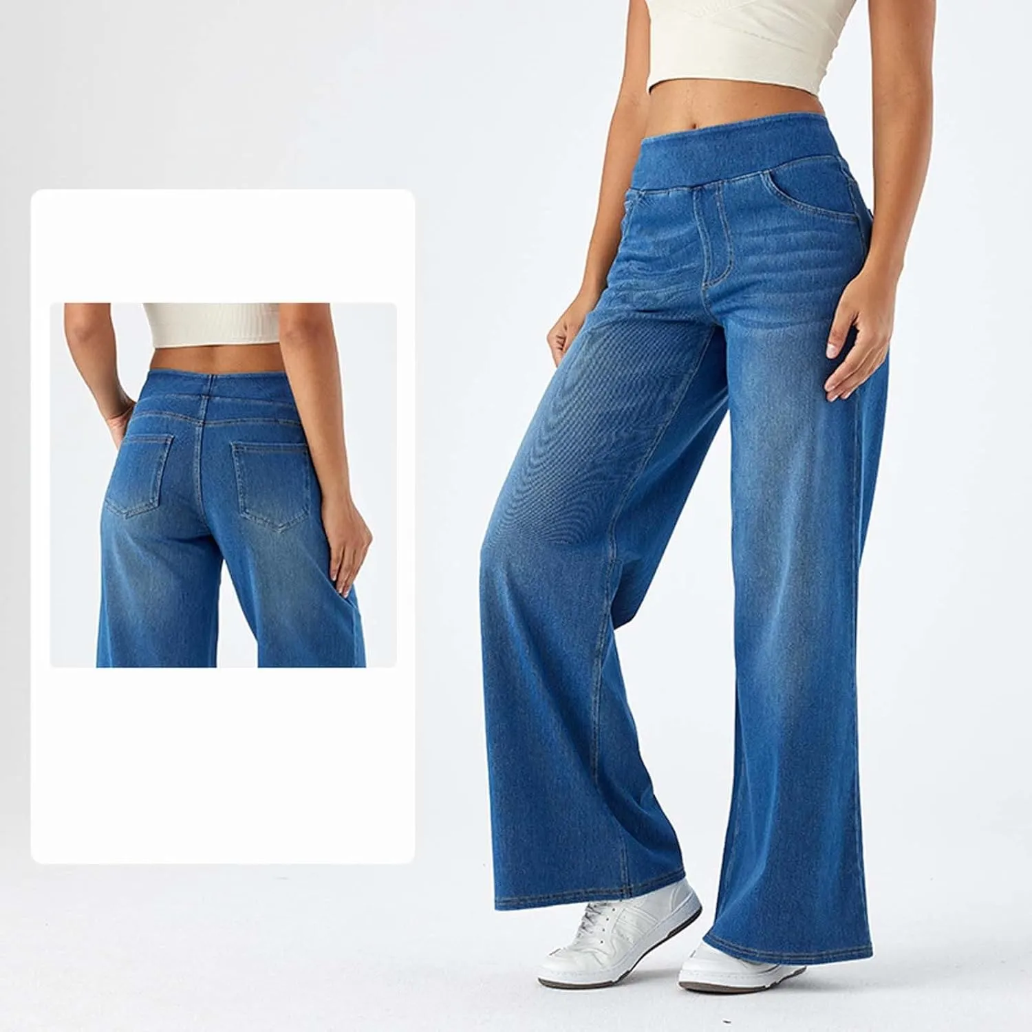 Pull On Wide Leg Jeans for Women High Waisted Stretchy Baggy Trendy Straight Leg Jeans Denim Pants Cropped Pants